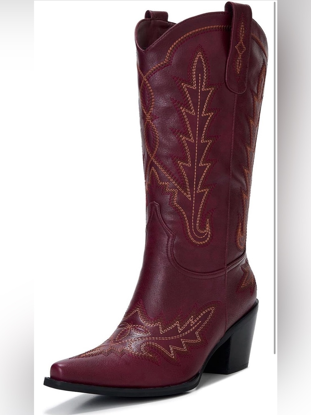 Cowboy Western Mid-Calf Snip Toe 3” Wood Grain Chunky Heel Embroidered Boots